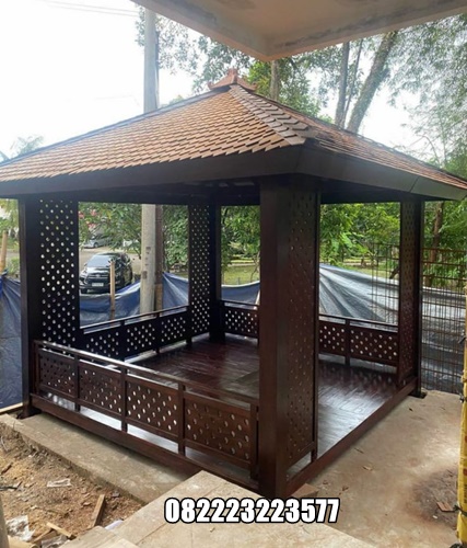 Gazebo Kayu Jati Unik Ukuran 3 Kali 3 Meter Model Minimalis Modern