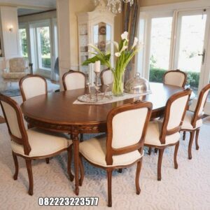 Meja Makan 8 Kursi Kayu Jati Motif Sofa Krem
