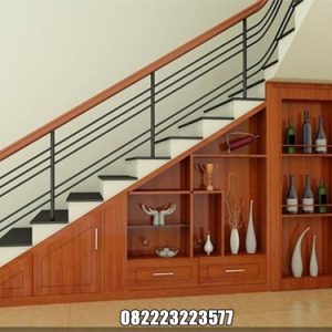 Lemari Bawah Tangga Kayu Jati Kombinasi Rak Buku